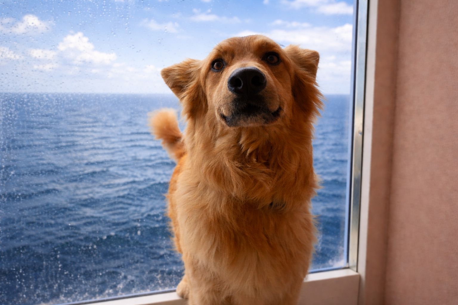 Hund steht am Fenster eines Kreuzfahrtschiffs mit Blick auf das Meer